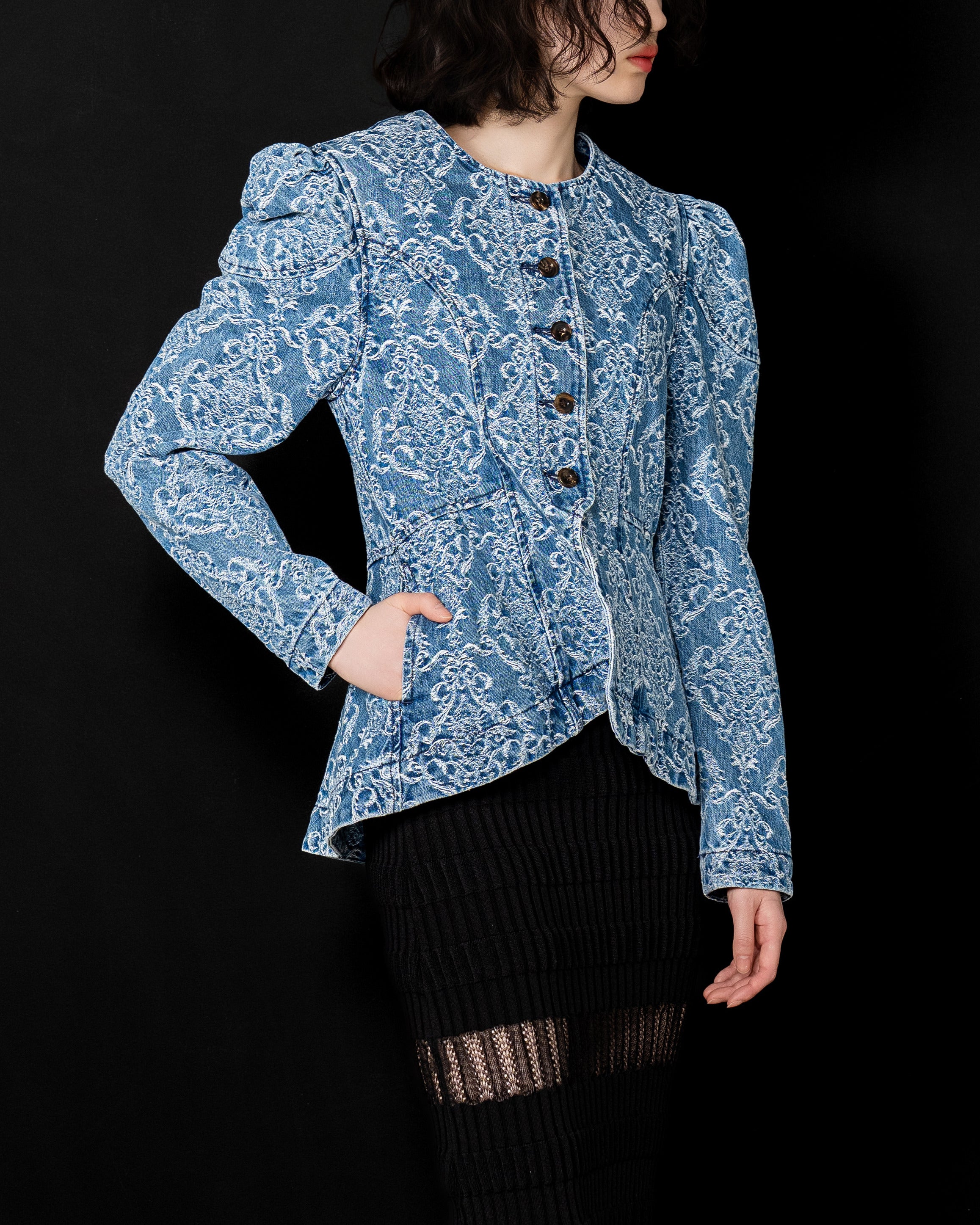 Damask-Jacquard Denim Peplum Jacket – FERN OST GALERIE